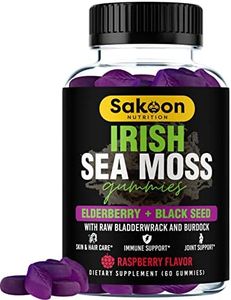 Sakoon nutrition Irish Sea Moss Gummies w/Elderberry & Black Seed Oil - Beauty, Joints & Immune Support | Rich in Vitamins, Raspberry Flavor | 60 Gummies