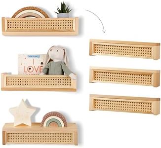 Rattan Shelf 3 Pack, 16 inch Nursery Shelves for Wall, Rattan Decor Boho Shelves, Rattan Bookshelf for Nursery, Floating Book Shelves for Wall, Nursery Shelf, Nursery Book Shelves, Rattan Wall Shelf