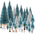 BOUBONI Mini Christmas Tree 35PCS Christmas Village Sets with Christmas Crafts Reindeer Snowmen Benches Street Lamp for Christmas Decorations Indoor Party Home Table Craft (Dark Green, Silver)