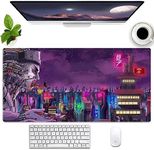 Anime Desk Pad Mat Japanese Gaming Mats for Desk Extended XL Large Mouse Pad Purple City Computer Keyboard and Mouse pad 31.5''X15.7'' Non-Slip Rubber Base with Stitched Edges