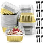 150PCS/50 Sets Mini Loaf Pans with Lids and Spoons, 150ML Reusable Aluminum Mini Loaf Tins Use for Air Fryer Oven, Heat Resistant Square Baking Cups for Making Bread, Cake and Durian