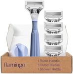 Flamingo Pubic Hair Razor for Women Starter Set, 1 Razor Handle, 4 Pubic Razor Five-Blade Refills, and 1 Shower Holder