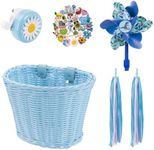 Kids Bike Basket, Bike Basket Front Bike Accessories for Girl Boys, Woven Bicycle Basket with Stickers, Bike Bell, Windmill, and 1pairs Colorful Ribbons Tassels(Blue Basket)
