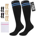 360 RELIEF Compression Socks for Women Men, 15-20 mmHg Supports Blood Circulation, Travel Flight Socks, Varicose Veins, Pregnancy Stockings XXL, Black with 2 Blue lines + Laundry Bag