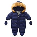 Verve Jelly Baby Girl Boy Winter Coat Zipper Hoodied Romper Jumpsuit Snowsuit One Piece Footed Romper Coats +Gloves Navy Blue 90 18-24 Months