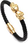 Braided Leather Bracelet for Men Stainless Steel Twin Skull Bangle, 8.7 inch, Metal, leather