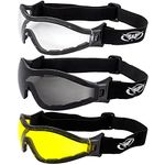 Global Vision 3 Pair Z-33 Padded Motorcycle Riding Skydiving Goggles with Clear Smoke and Yellow Lenses