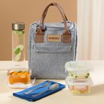 Borosil Gourmet Plus 7pc Borosilicate Glass Lunchbox | 3pc Set (320ml) + 1 (550ml) Glass Bottle + Fork & Spoon Set with Mat | Microwave & Dishwasher Safe | Tiffin for Office, School, College