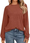 AUTOMET Women's Long Sleeve Shirts Casual Loose Fit Tee Shirts Solid Color Oversized Basic Tops Business Casual Outfits Rust L