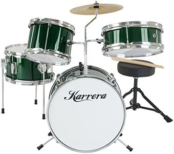 Karrera Mini 4 Piece Drum Kit Set Wooden | 2 Toms | Bass | Snare | Stool - Metallic Green