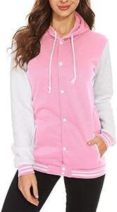 babyhealthy Women's Varsity Baseball Jacket Casual Letterman Bomber Jacket Hood Windbreaker Lightweight Jacket Coat, 021 Pink&hood, Small