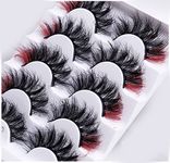 Colored Lashes, 5D False Lashes with Color Faux Mink Eyelashes Wispies Fluffy Colored Eyelashes Dramatic Strip Lashes for Christmas Cosplay Costumes Fake Eyelashes 5 Pairs Pack (Red)