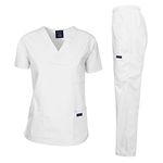 Dagacci Scrubs Medical Uniform Women and Man Scrubs Set Medical Scrubs Top and Pants, White, Large