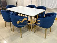 SMC FURNITURE Stainless Steel 6 Seater Marble Top Dining Set Ds7 In Gold Finish And Velvet Upholstery (6 Chairs)
