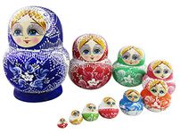 Set of 10 Pieces Cute Colorful Blue Porcelain Pattern Big Belly Shape Handmade Wooden Russian Nesting Dolls Matryoshka Dolls for Kids Toy Birthday Home Decoration