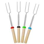 Barbecue Forks-4 Pack Marshmallow Roasting Sticks Extendable Stainless Steel 32 Inch U Shape Hot Dog Fork with Wooden Handle Grilling Skewers for Fire Pit and BBQ Campfire Party