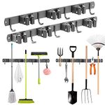 devesanter Broom mop Holder Stainless steel mop holder wall mounted self adhesive，2 pcs tool organiser wall mounted with 7 trestle 7 Hooks for Brush Mop Broom and Tool Storage（gun gray）