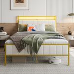 HOJINLINERO Full Bed Frame with Headboard & LED Lights,Upholstered Velvet Bed with Charging Station,Heavy Duty Metal Platform Bed Frame Full Size No Box Spring Need,Noise Free,Easy Assembly,Gold