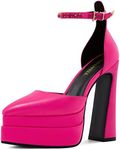 FINDVELL Chunky Platform Heels for Women Pumps Hot Pink Block High Heels Dress Closed Toe Ankle Strap Rhinestone Wedding Shoes Sandals, Pink, 6