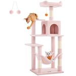 Feandrea Cat Tree, 143 cm Cat Tower for Indoor Cats, Multi-Level Plush Cat Condo with 4 Scratching Posts, 2 Perches, Cave, Hammock, Pompoms, Jelly Pink PCT161P01