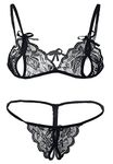 Xs and Os Lace Bra Panty Peek-A-Boo Lingerie Set (Free Size, Black)