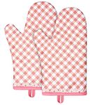 AUAUY 1 Pair Oven Mitts, Cotton Heat Resistant BBQ Gloves-Oven Mitts with Infill Cotton Non-Slip Cooking Gloves for BBQ Kitchen Baking Cooking - Light Pink Plaid