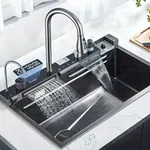 Kitchen Sink with 5-Piano Switch|304 Grade Stainless Steel Sink with Waterfall&Pull-down Faucet|LED Digital Display & RO Tap|360° Pull-out Faucet|Hot & Cold Control Handwheel (30x18x10 Inch)