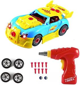 Pup Go Tomar Aparte Coche de Carreras para Niños de 3+ Años, Juguete 30 Piezas con Taladro Eléctrico, LED y Sonido Realistas, Construir Su Propio Coche, Mejores Regalos para Niños (Amarillo)