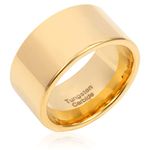 Fashion Month Mens 12mm Wide Band Gold Classic Tungsten Carbide Ring Wedding Engagement Jewelry High Polished Flat Top, Non-Precious Metal, tungsten