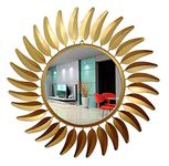 Furnish Craft Home Decor, Living and Drawing Room Round 3D Designer Mild Steel Golden Leaf Wall Mirror, 31 x 31 Inch