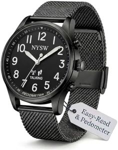 Men’s Atomic Time Sync Analog Pedometer Watch, Walking Step Counter, Calories & Miles, American Voice Announces Time/Date & Steps, No Bluetooth No EMF, Large Display, Stainless Steel Band BK-BK