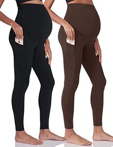 Enerful Women's Maternity Workout Leggings Over The Belly Pregnancy Active Wear Athletic Yoga Pants with Pockets 2PCS Black Dark Brown Large