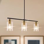 Yarlkav Kitchen Island Lighting, 3 Lights Linear Chandeliers Rectangle Pendant Light Fixtures for Dining Room Farmhouse Hanging Light with Glass Shades Hanging Lights(Black & Gold)