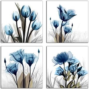 Flower Canvas Prints Wall Art Decor 4 Panels Blue Elegant Tulip Artwork Simple Life Picture for Living Room Bedroom Home Salon SPA Wall Decoration 12 x 12 4 Pieces