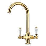 Traditional Kitchen Sink Mixer Tap with White Ceramic Dual Handle 360 Swivel Gooseneck Spout 1 Hole Faucet Taps Mixers Bright Gold 10 Year Warranty