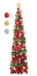 SINTENILL 5 FT Pop Up Christmas Tree with Timer Lights and Decorations, Red Green Tinsel Christmas Tree with 24 Ball Ornaments, Pencil Tree Collapsible Christmas Tree for Home, Apartment, Office