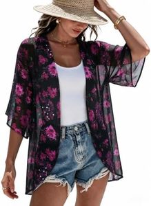 Women's Floral Kimono Cardigan Cover Up Casual Tops,Rose Floral,L
