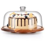 Rotating Cake Stand with Dome,Wood Cake Stand with Turntable Base,Cake Display Server Tray for Kitchen,Birthday Parties,Weddings,Baking Gifts,Wood Cake Lazy Susan with Acrylic Lid