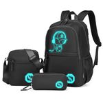 Kono Luminous School Backpack 3-in-1 Set, Anime Boys Schoolbag Crossbody Bag Pencil Case, 15.6" Laptop Rucksack for Students Teens Girls (Black)