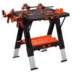 Pony Portable Folding Work Table, 2-in-1 as Sawhorse & Workbench, Load Capacity 1000 lbs-Sawhorse & 500 lbs-Workbench, 31” W×25” D×25”-32”H, with 4pcs Clamps, 4pcs Bench Dogs, 2pcs Safety Straps