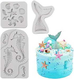 SAKOLLA Mermaid Theme Cake Fondant Mold - Seahorse Seashell Starfish Mermaid Tail Silicone Mold for Cake Decoration, Chocolate, Candy, Polymer Clay, Cupcake Decor, Sugar Craft