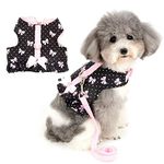 Zunea Small Dog Girl Harness and Lead Set No Pull Chihuahua Dress Escape Proof Cat Kitten Vest Harness Step-In Soft Cotton Padded Polka Dot Puppy Jacket Clothes with Cute Bow for Walking Black S