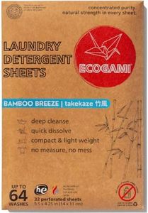 Ecogami Laundry Detergent Sheets - 32 Sheets (Up to 64 Loads), Available in Fragrance-Free or Scented, Plastic-Free, Biodegradable, Dissolvable for Sensitive Skin (Takekaze)