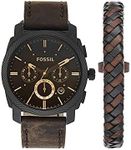 Fossil Men's Machine Stainless Steel Case Quartz Chronograph Watch, Black, Brown Bracelet Set, One Size, Classic, Industrial, Traditional