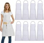 DUSKCOVE 8 Pack Bib Aprons Bulk - Unisex White Commercial Apron with 2 Pockets for Kitchen Crafting BBQ Drawing Cooking