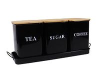 Xbopetda Tea Coffee Sugar Canisters, Canister Set of 3, Metal Storage Tin for Coffee, Sugar & Tea - Kitchen Storage Jars with Wooden Lid & Metal Tray, Coffee Tea Sugar Set - Black