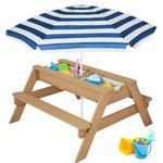 Best Choice Products Kids 3-in-1 Sand & Water Activity Table, Wood Outdoor Convertible Picnic Table w/ Umbrella, 2 Play Boxes, Removable Top - Navy