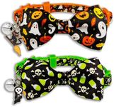 2 Pack Halloween Cat Collar with Bell, Holiday Kitty Kitten Skull and White Ghost Patterns for Boys Girls Males Female Cats