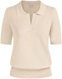 Kate Kasin Women Short Sleeve Polo Sweater Tops Lightweight Dressy Casual Tops Blouses Golf Sweaters Beige S