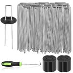 101 Packs 6 Inch Heavy Duty Garden Stakes Kit, 50 Landscape Staples, 50 Fixing Gasket with 1 Pick Hook, 3mm Thickness Steel U Shaped Galvanized Pins Garden Staples for Tents, Turf, Privacy Fences